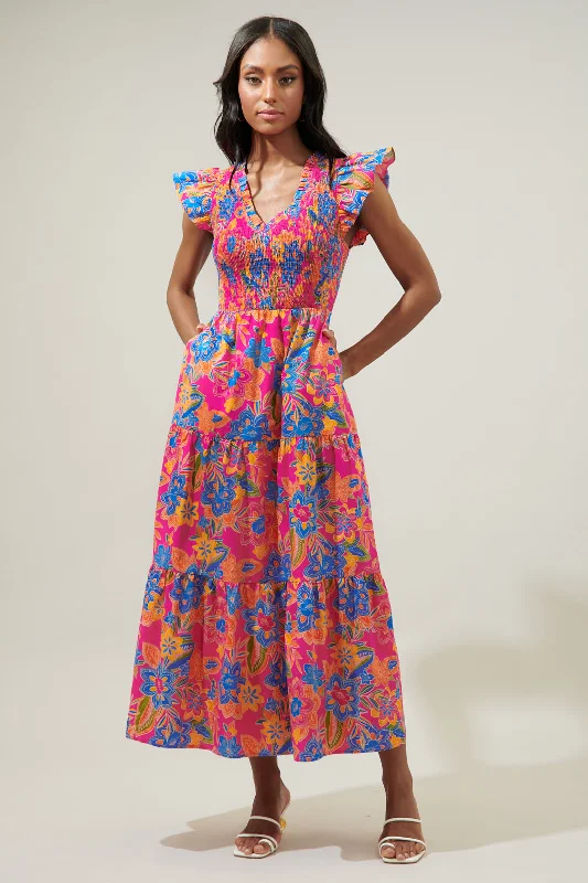 Lace dresses for evening wear -Ranchero Floral Sunfire Smocked Bodice Tiered Midi Dress