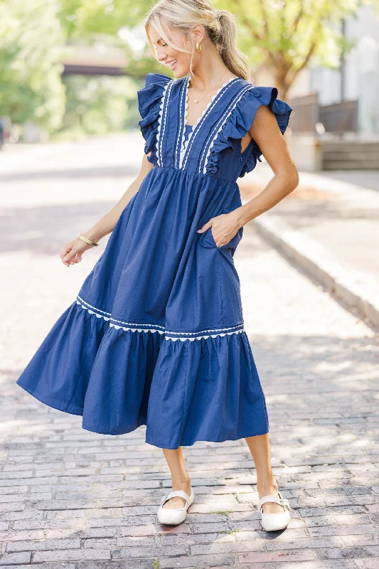 Spaghetti strap dresses -Ready For The Day Navy Blue Ruffled Midi Dress