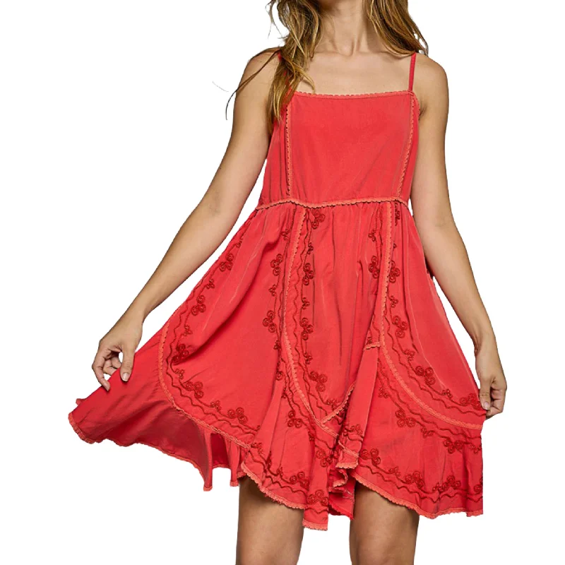 Dresses for holiday get-togethers -Pol Women's Red Embroidered Sleeveless Mini Dress