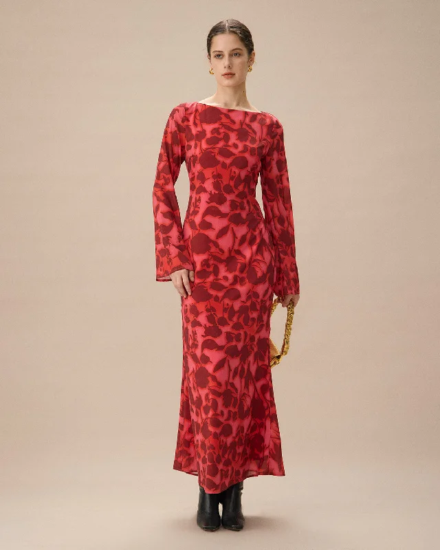 Simple yet chic dresses -Red Floral Bell Sleeve Maxi Dress