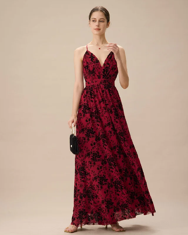 Dresses for destination events -Red Floral Flocked Mesh Slit Maxi Dress