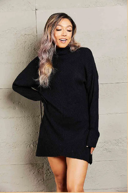 Casual dresses with print -Rib-Knit Turtleneck Drop Shoulder Sweater Dress