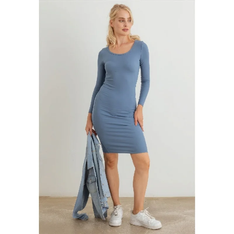 Dresses with gathered skirts -Ribbed Crew Neck Long Sleeve Mini Dress