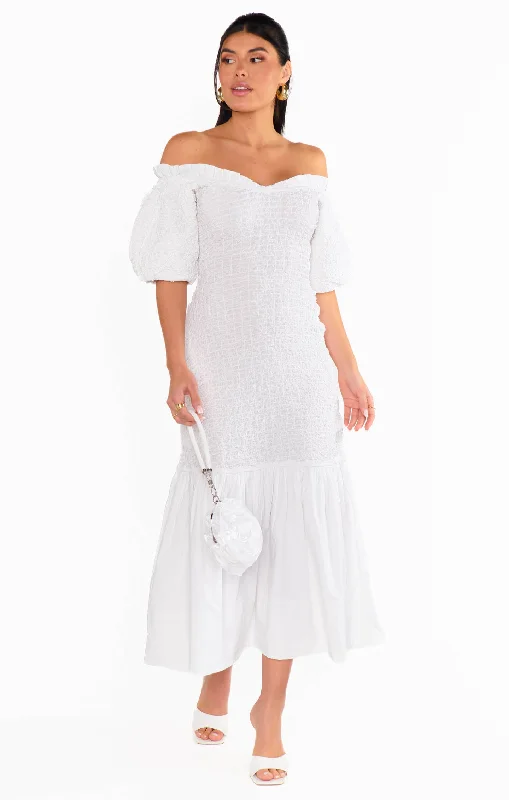 Comfortable beach dresses -Rom Com Midi Dress ~ White Texture Stretch