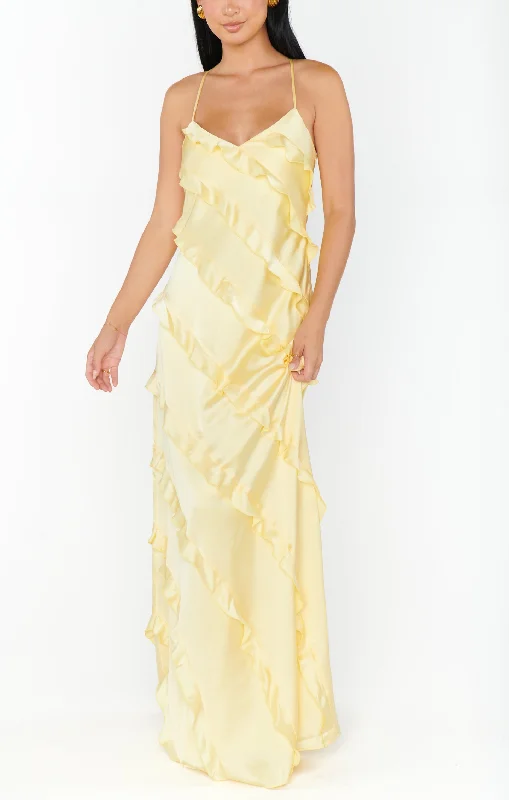 Flowy dresses for women -Romance Ruffle Dress ~ Pale Yellow Luxe Satin