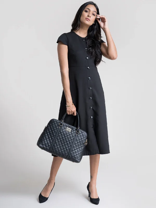 Fitted cocktail dresses -Round Neck A line Dress - Black