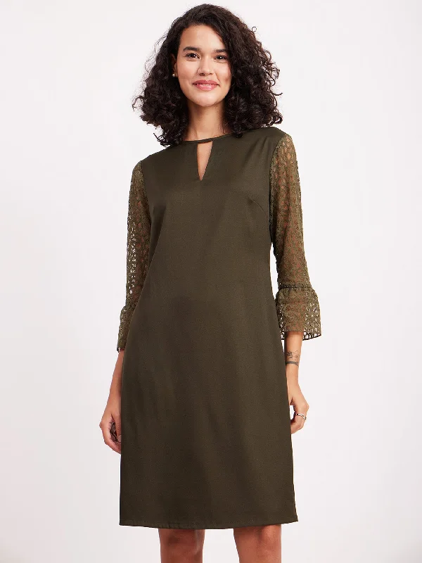 Stylish summer dresses -Round Neck Lace Dress - Olive