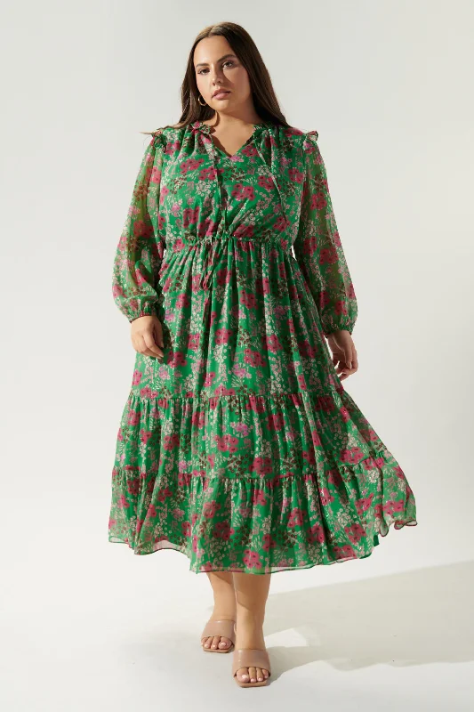 Ruffle sleeve dresses -Roxie Floral Tiered Midi Dress Curve