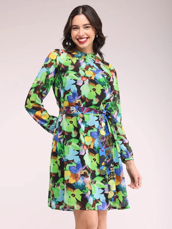 Dresses for afternoon tea events -Ruffle Neck A-line Dress - Green And Black