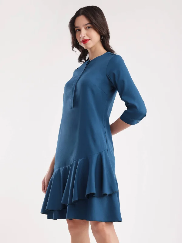 Dress for graduation day -Ruffle Placket Detail Dress - Teal