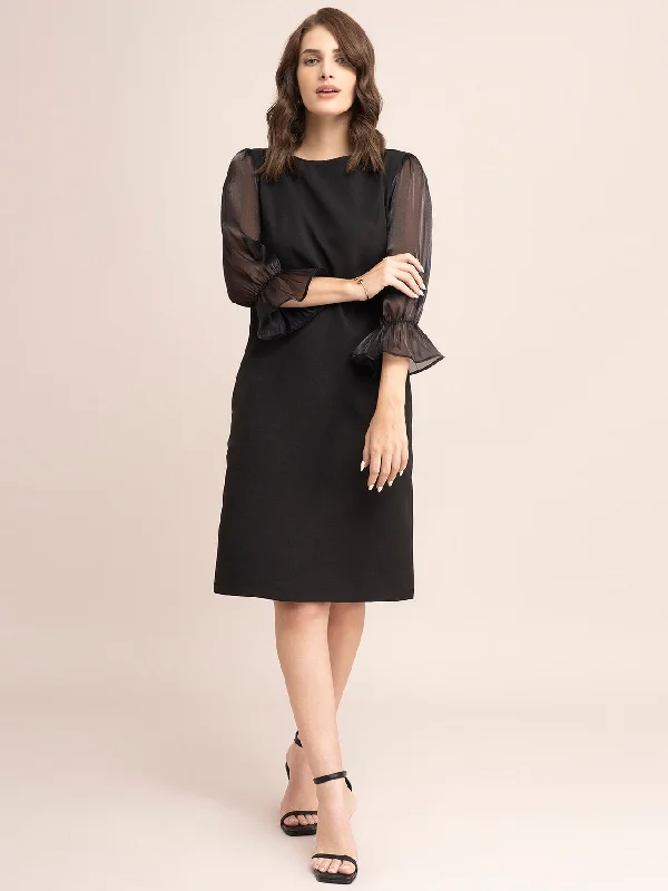 Modern dresses for women -Ruffle Sleeve Shift Dress- Black