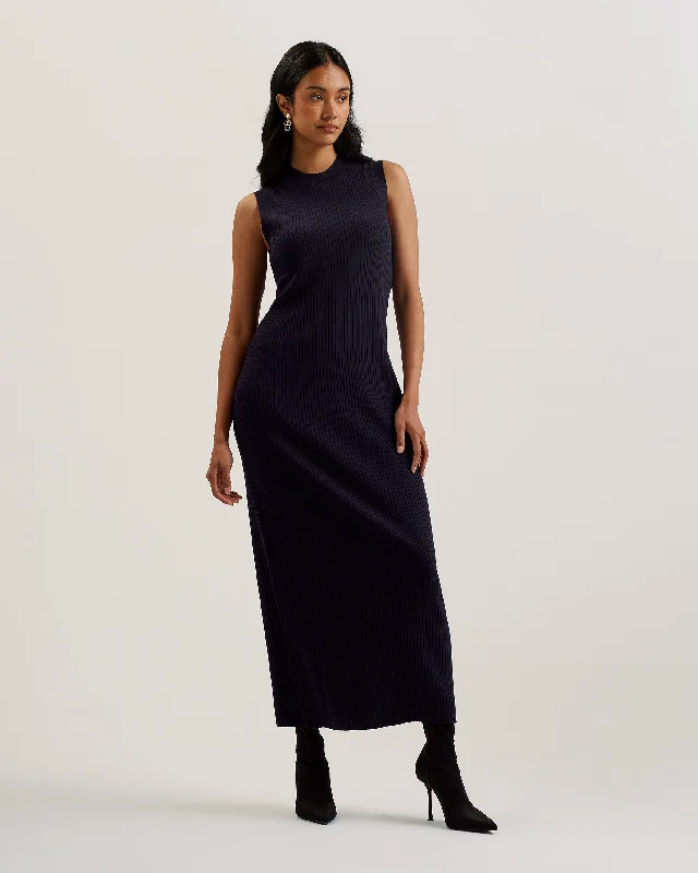 Dresses for night-time parties -Sandiii Ribbed Crew Neck Knitted Column Maxi Dress Navy