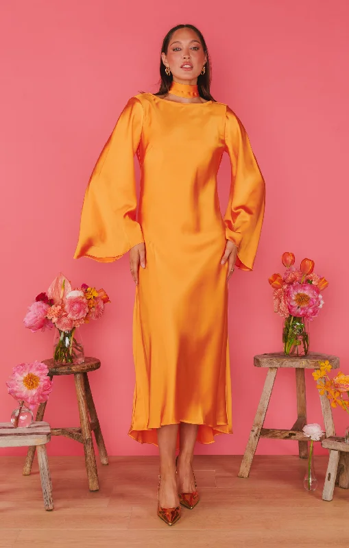 Dress for elegant garden weddings -Sarah Midi Dress ~ Tangerine Fluid Satin