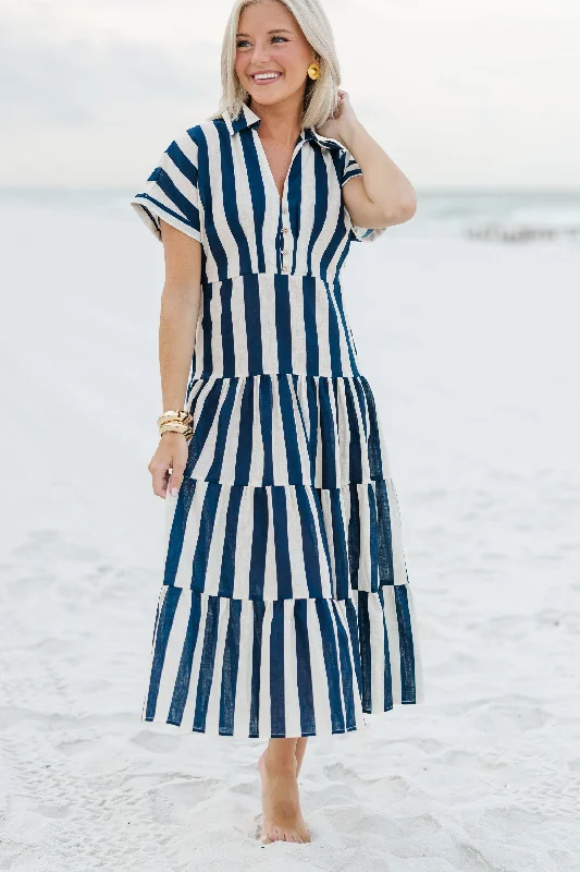 Office wear dresses -Search Your Heart Navy Blue Striped Midi Dress