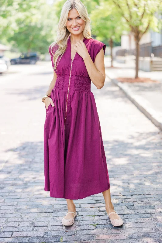 Pleated dresses for women -See You There Merlot Midi Dress