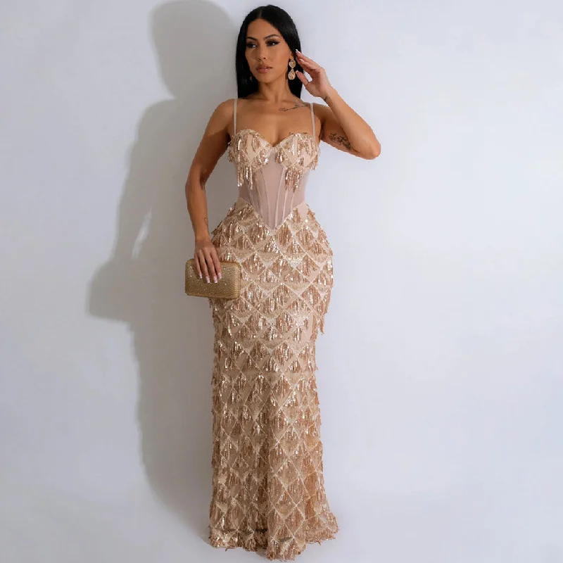 Casual floral dresses -Sexy Bustier Sheer Mesh Panel Drop Waist Fringe Sequin Slip Maxi Dress