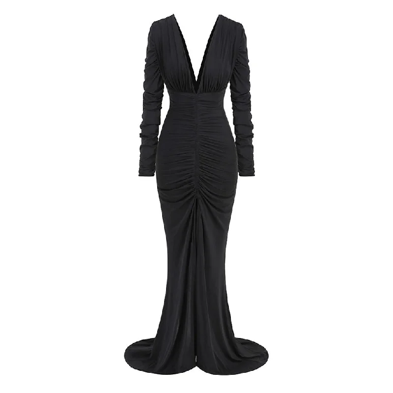 Satin casual dresses -Sexy Deep V Neck Ruched Long Sleeve Split Fishtail Maxi Evening Dress