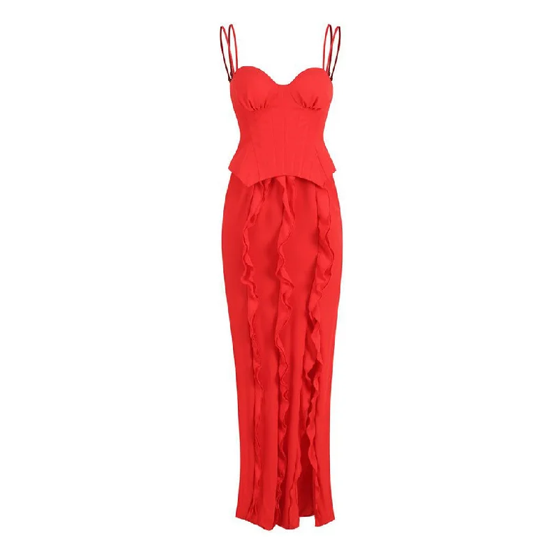 Dresses for formal dinners -Sexy Double Strap Bustier Corset Ruffle Trim Thigh Split Maxi Slip Evening Dress