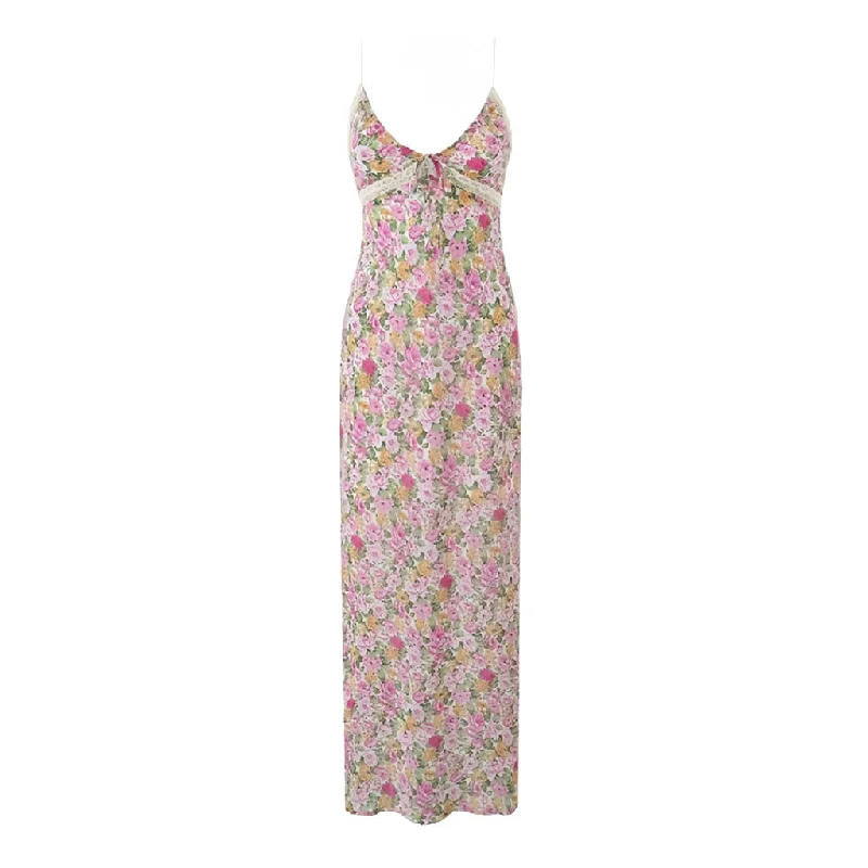 Light summer dresses -Sexy Floral Print Spaghetti Strap Bow Tie Lace Trim Smock Maxi Sundress