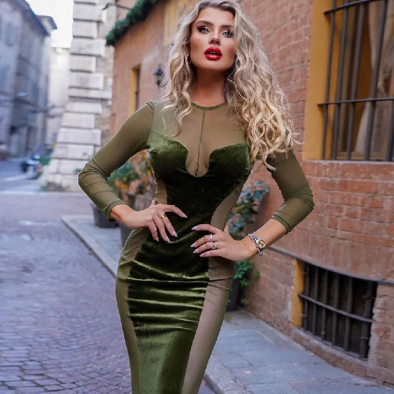 Classic summer dresses -Sexy Mesh Panel Sheer Long Sleeve Mermaid Maxi Velvet Dress - Olive Green