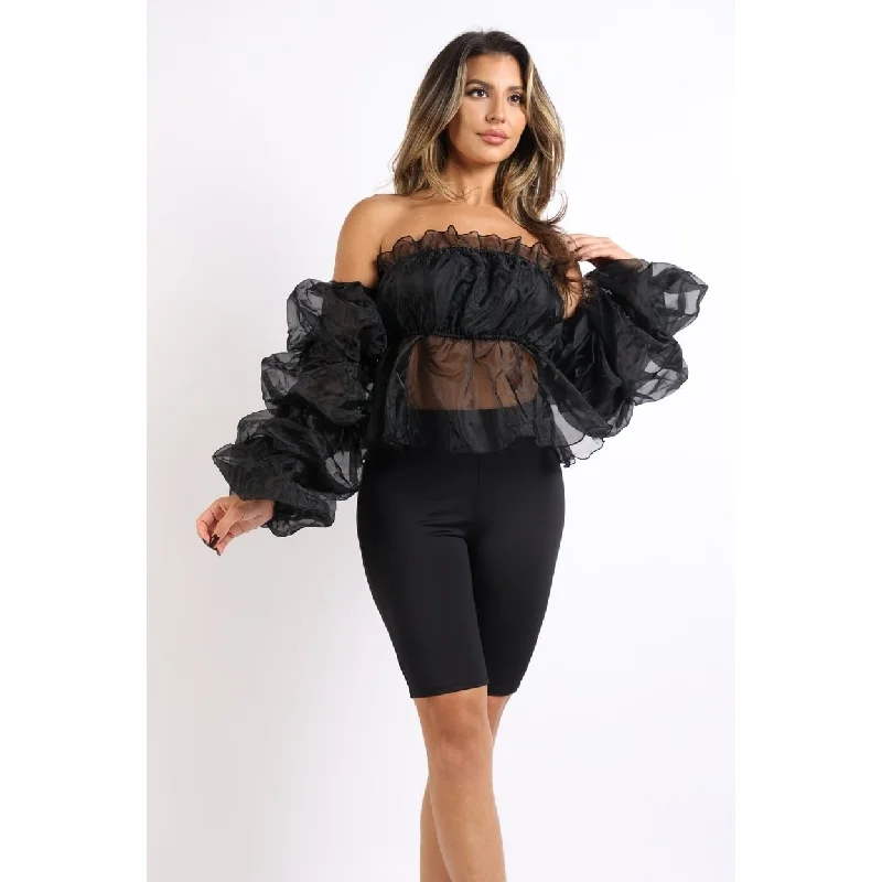 Comfortable dresses for weekends -Sexy Organza Sleeve Detailed Top And Matching Shorts 2 Piece Set Black