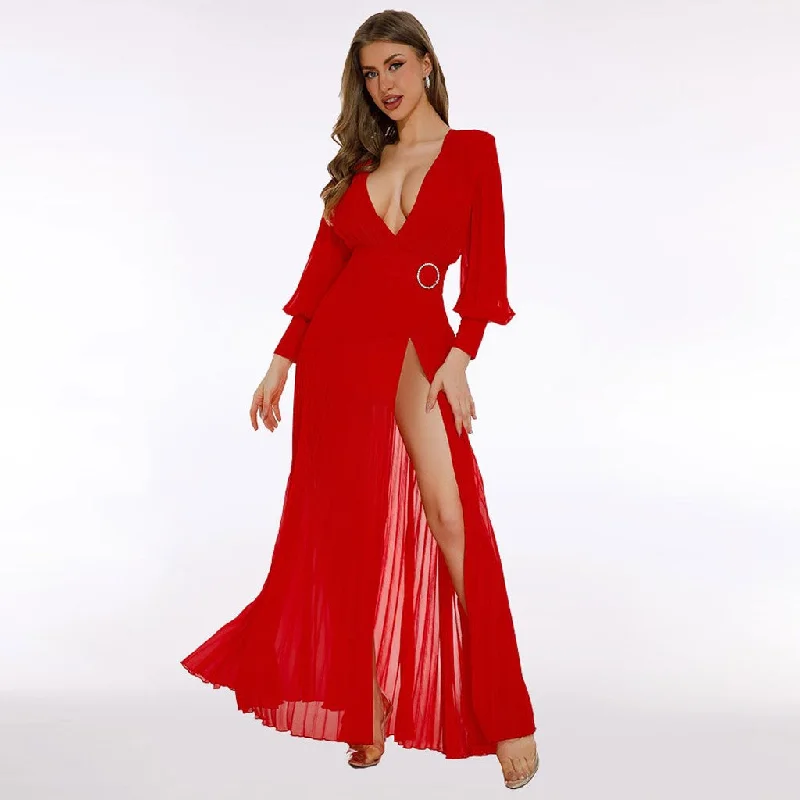 Dresses for early fall events -Sexy Plunge Bishop Sleeve Belted High Split Chiffon Pleated Maxi Evening Dress