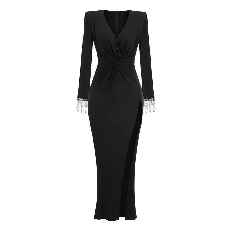 Chic bodycon dresses -Sexy Plunge Twist Front Crystal Fringe Sleeve High Split Jersey Maxi Dress