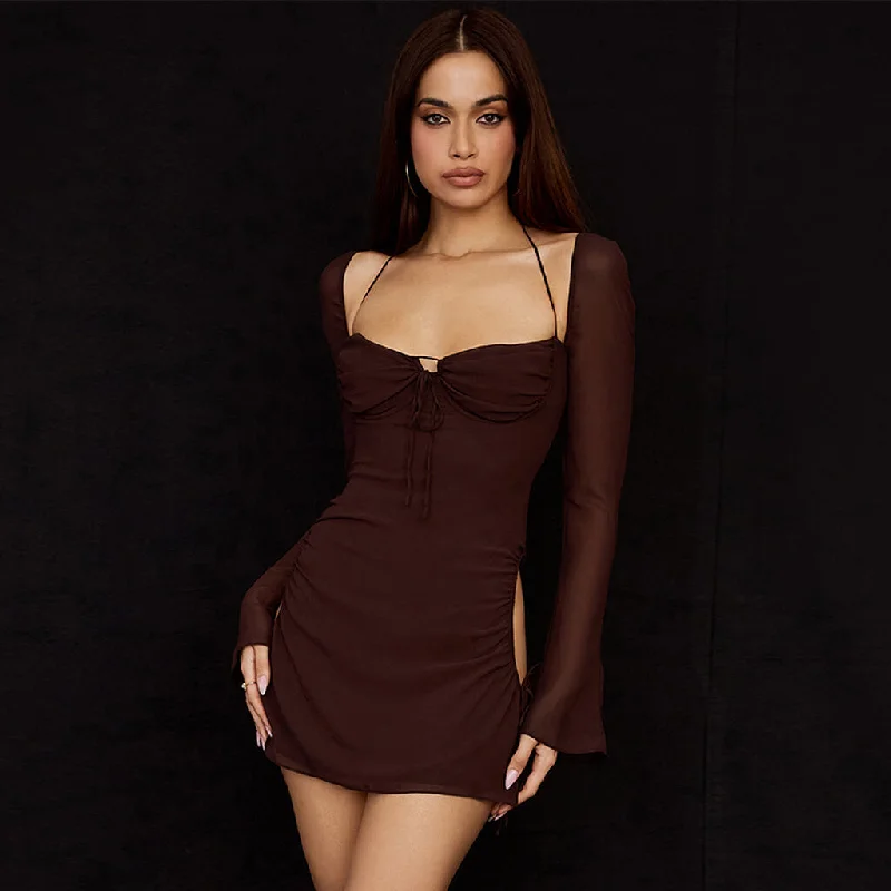 White dresses for women -Sexy Self Tie Cutout Long Sleeve Mesh Halter Mini Dress - Coffee