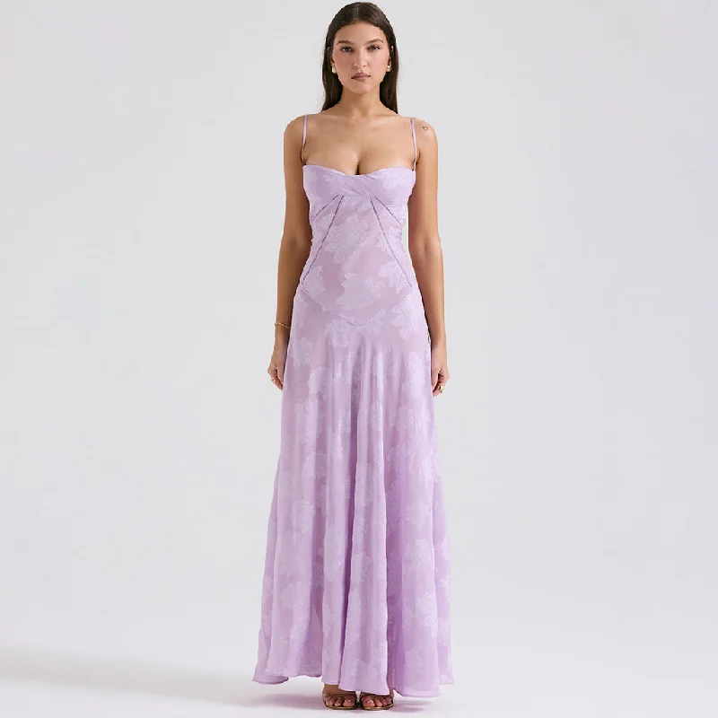 Holiday party dresses -Sexy Sheer Jacquard Floral Lace Back Drop Waist Fishtail Maxi Slip Dress