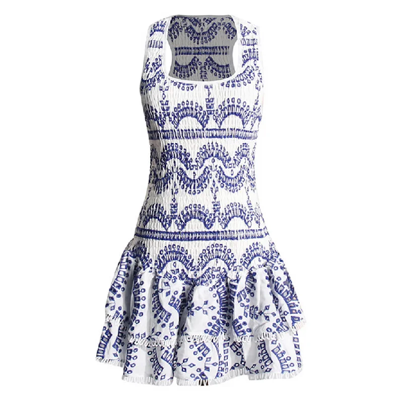 Dresses with high collars -Sexy Smocked Broderie Anglaise Ruffle Tiered Drop Waist Micro Mini Dress