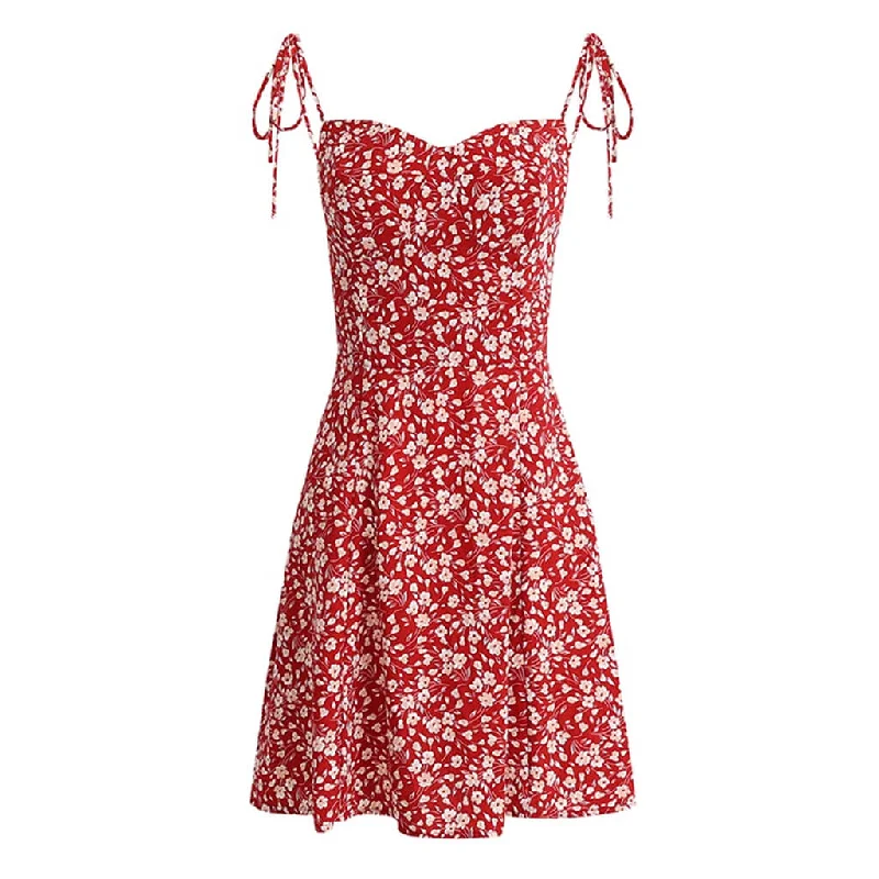 Dress with floral embroidery -Sexy Sweetheart Neck Tie Strap Smocked Mini Floral Printed Sundress