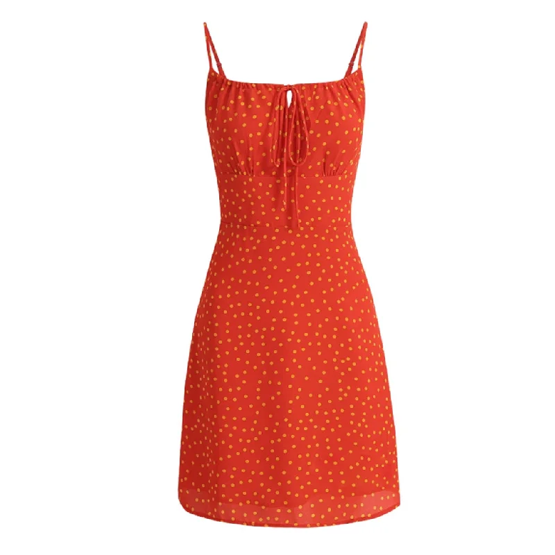 Pretty prom dresses -Sexy Tie Neck Smocked Sleeveless A Line Polka Dot Print Mini Sundress