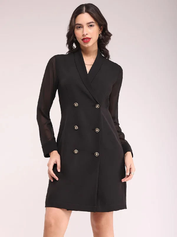 Summer party dresses -Shawl Collar Blazer Dresses - Black