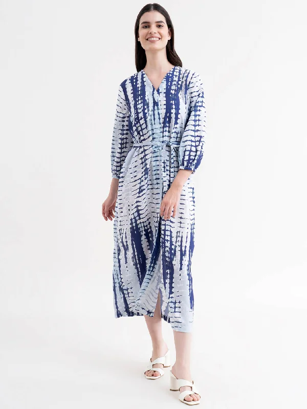 Summer dresses for weddings -Shibori Print A-Line Dress - White And Blue