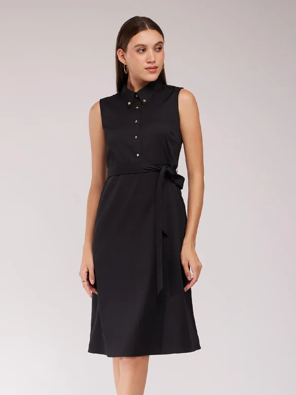 Dresses for vacations -Shift Collared Dress - Black