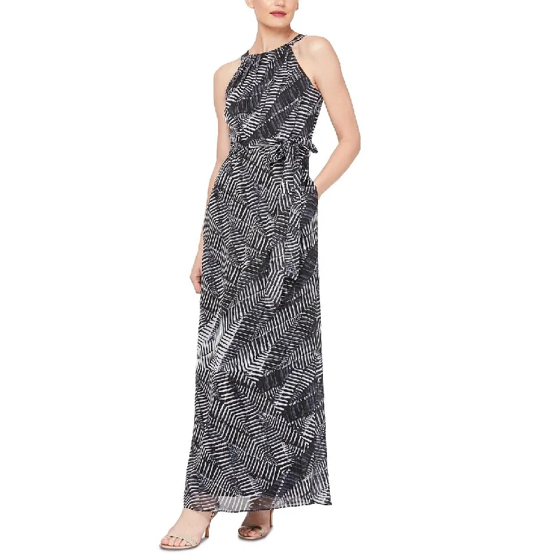 Casual formal dresses for dinner -SL Fashions Women's Printed Tie-Waist Maxi Dress Charcoal Size 12