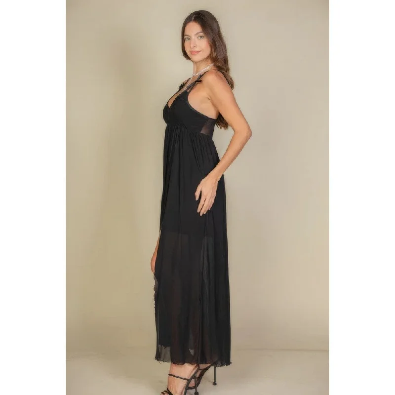 Dresses for daily wear -Sleeveless Plunge Neck Split Thigh Mesh Maxi Dress