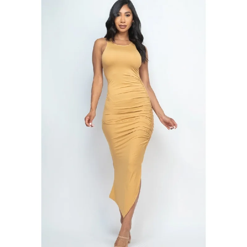 Casual dress with pockets -Sleeveless Ruched Side Split Maxi Dress