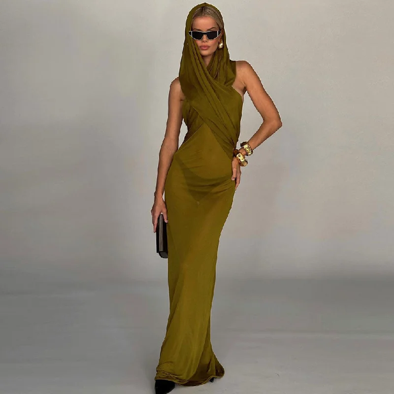 Special event dresses -Slouchy Hooded Cross Over Open Back Sleeveless Maxi Sheer Mesh Dress