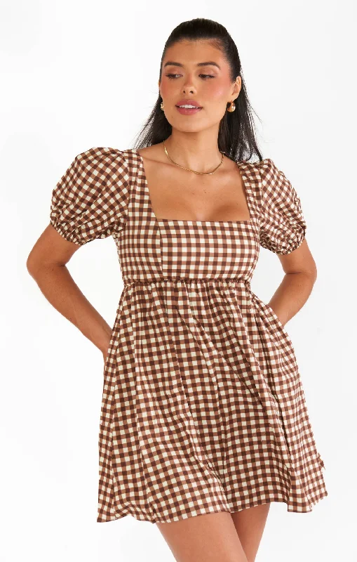 Elegant beach wedding dresses -Smitten Babydoll Dress ~ Brown Gingham