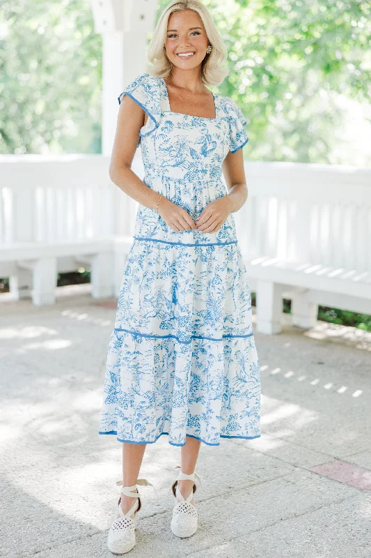 A-line dresses for women -So Much Joy Blue Toile Midi Dress