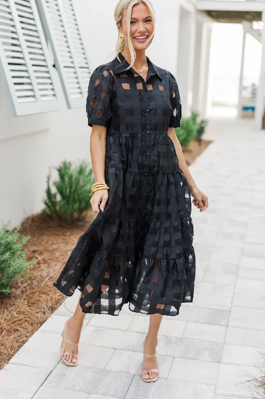 Casual weekend dresses -So Worth It Black Textured Button Down Midi Dress