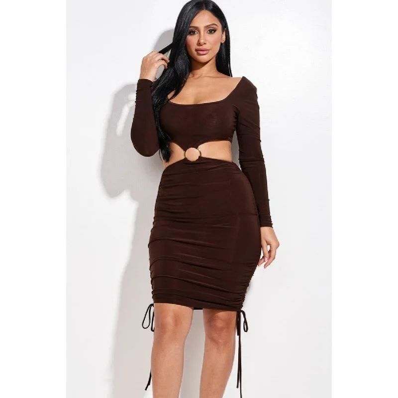 Long formal dresses -Solid Long Sleeve Ruched Short Dress With O Ring