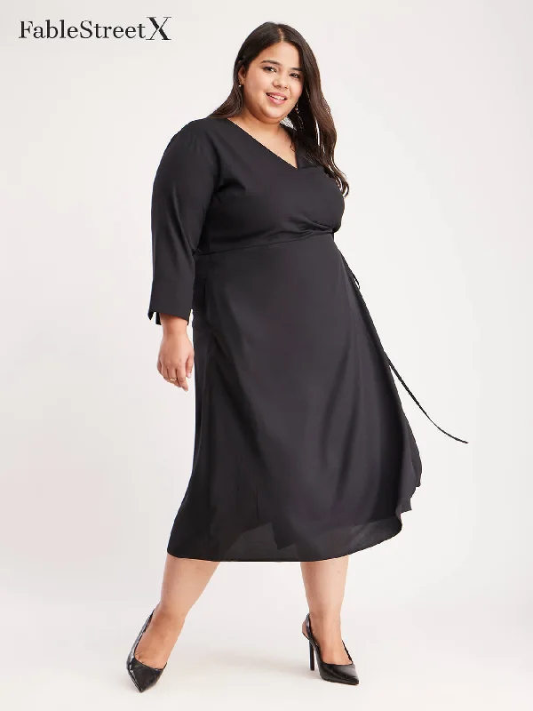 Dresses for wedding receptions -Solid Wrap Dress - Black