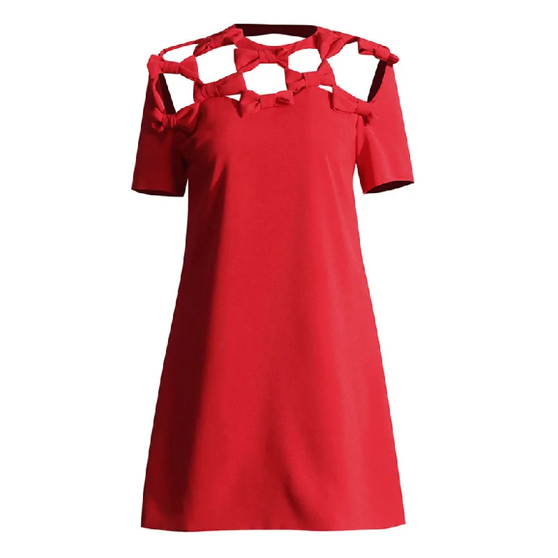 Dresses with bow tie detail -Sophisticated Bow Cut Out Short Sleeve Crew Neck Crepe Mini Shift Dress