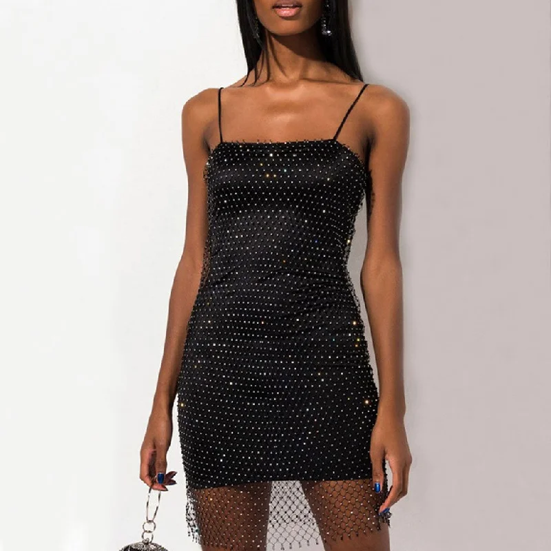 Trendy dresses for women -Sparkly Mesh Diamante Spaghetti Strap Bodycon Mini Dress - Black