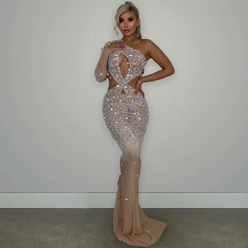 Fashionable prom gowns -Sparkly One Shoulder Cut Out Pendant Diamante Ombre Mesh Maxi Evening Gown