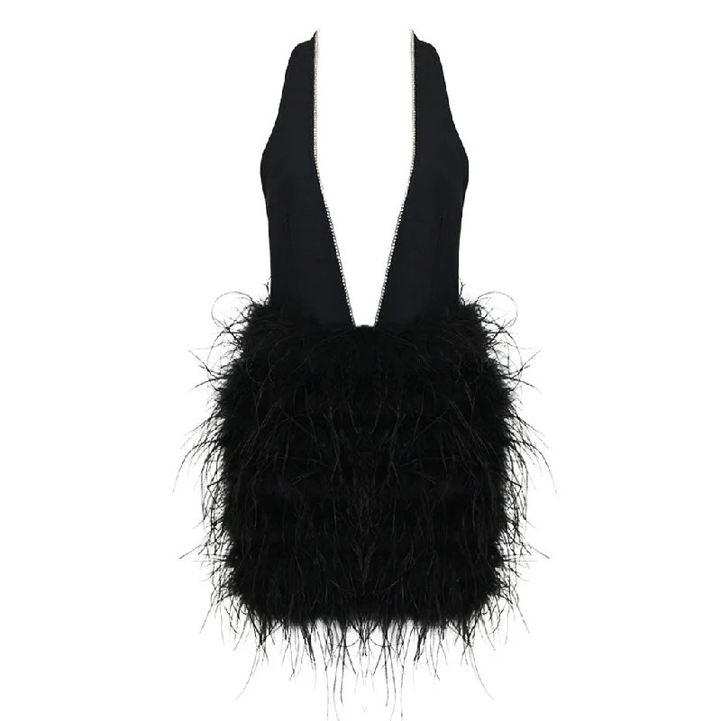 Evening dresses for dinner parties -Sparkly Rhinestone Plunge Halter Neck Backless Bandage Feather Mini Dress