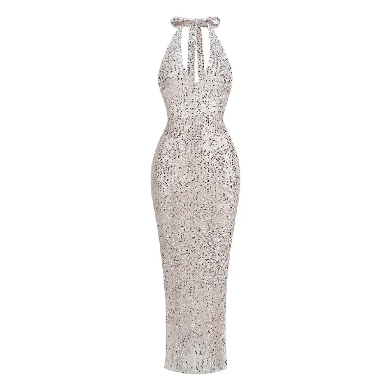 Boho style maxi dresses -Sparkly Sheer Sequin Mesh Halter Backless Sheath Fishtail Maxi Formal Dress