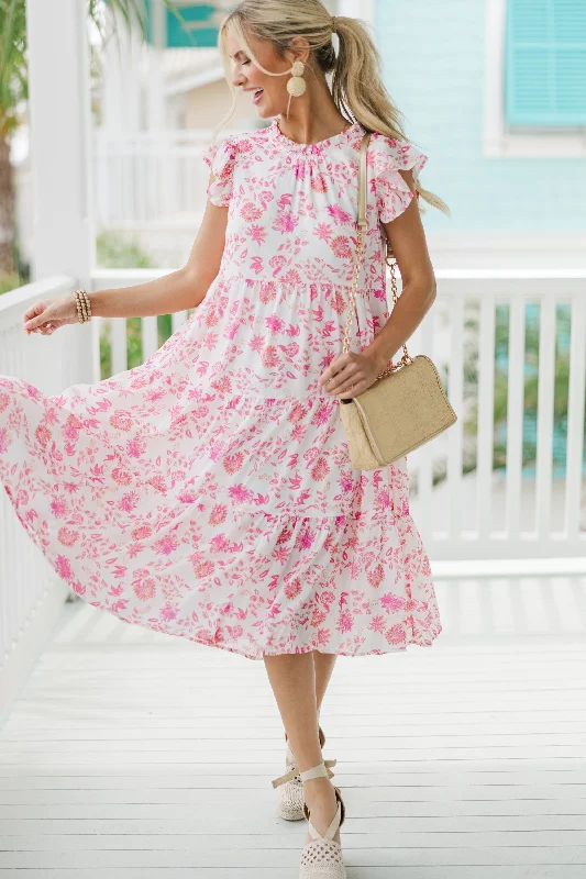 Cocktail dresses for women -Speak Your Mind Pink Ditsy Floral Midi Dress